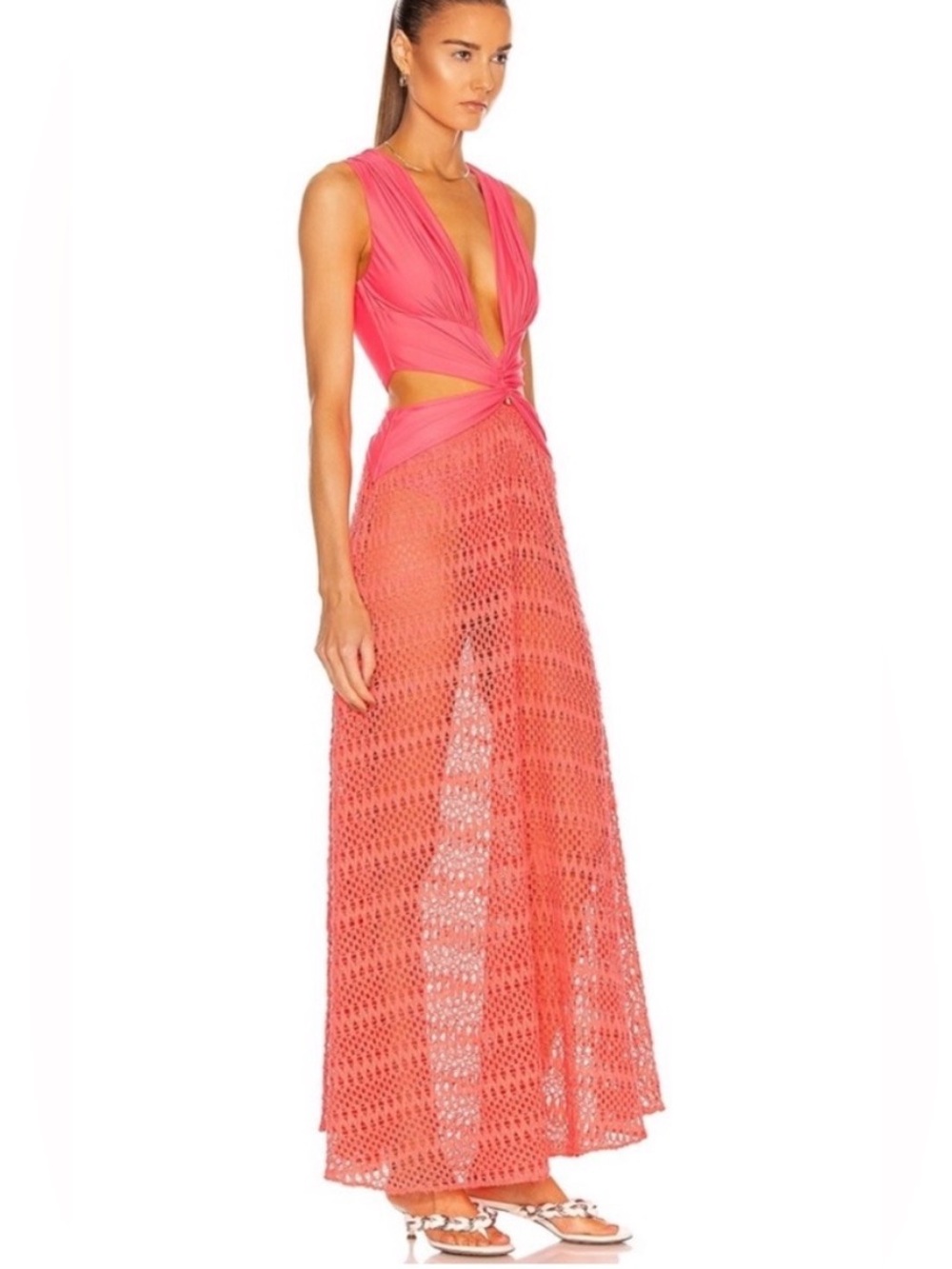 NWOT PatBo Pink Crochet Maxi Dress with Plunge Twist Bodice - Picture 2 of 6